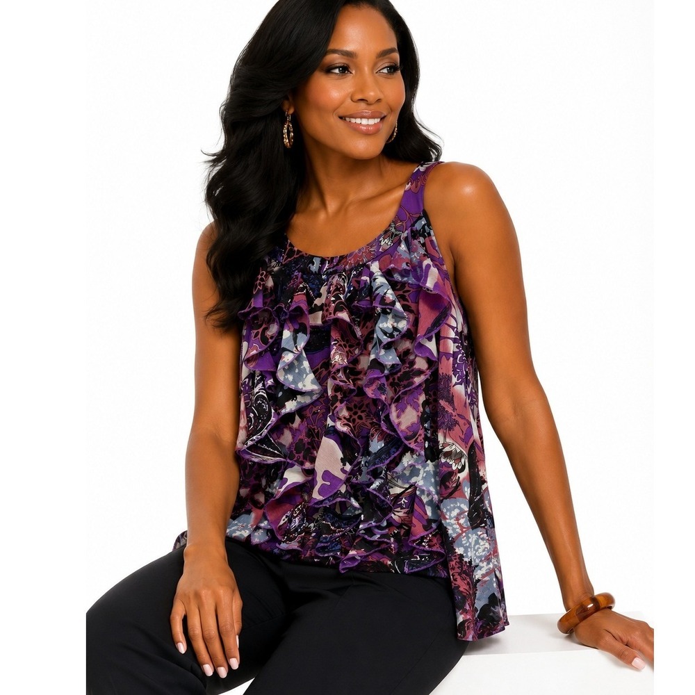 ECI New York Purple Ruffle Sleeveless Blouse Floral Paisley Layered Top Size 14